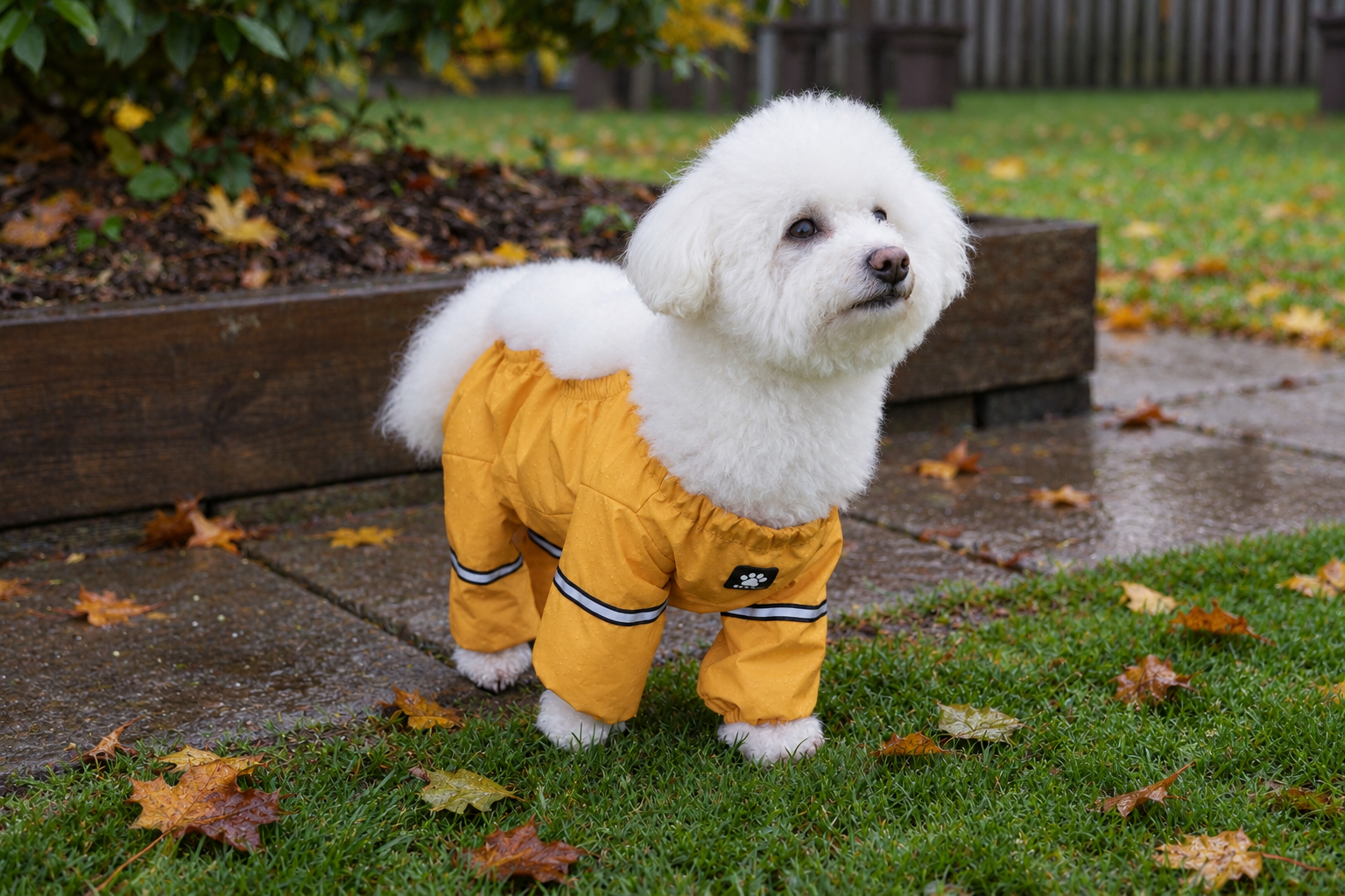 White Bichon wearing the mustard yellow CucciPet mud suit on wet autumn grass